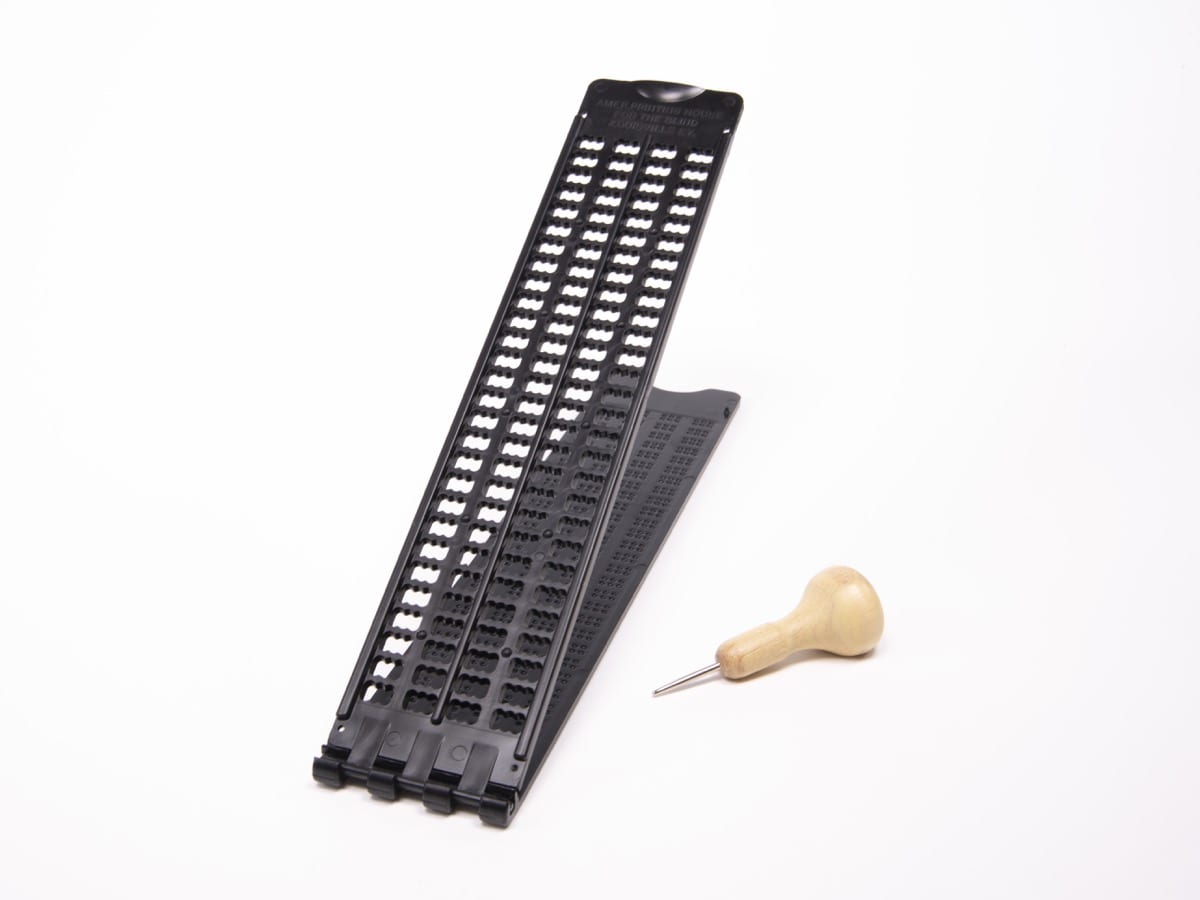 Pocket Braille Slate (Pins Up), Heavyweight Metal, Slotted for Labeling Tape,  with Large Handle Stylus