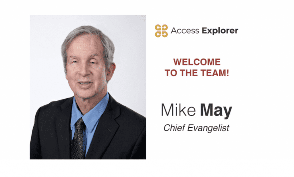 headshot of Mike May. Access Explorer logo. Text reads 