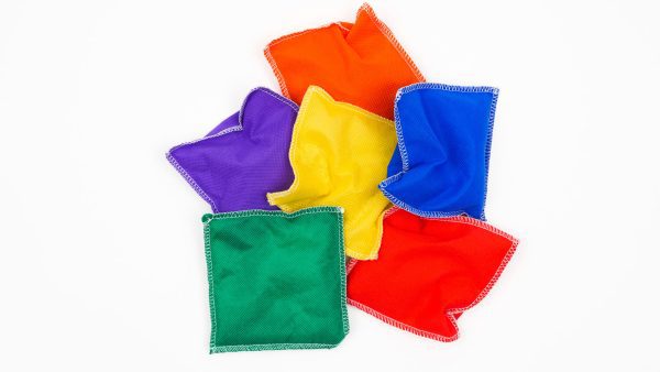 Six brightly colored hop-a-dot bean bags.