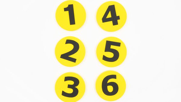 Yellow foam dots numbered 1 through 6. The dots are arranged to represent a braille cell.