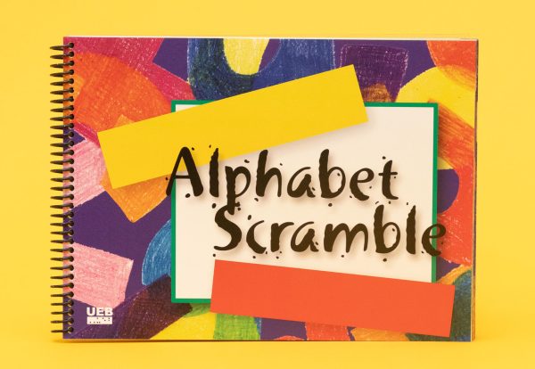 Cover of Alphabet Scramble with UEB icon in the bottom left. The cover contains a variety of colorful graphic shapes that look like crayon drawings beneath a white box containing the title "Alphabet Scramble."