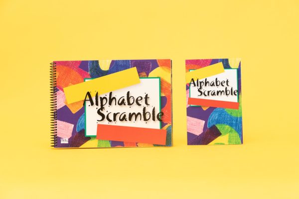 Alphabet Scramble book laid on a gold background next to the Alphabet Scramble user guide.