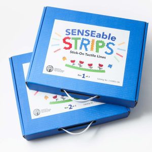 A top-down view of the two blue boxes included in the SENSEable STRIPS kit. In colorful graphic text, the label reads "SENSEable STRIPS Stick-on Tactile Lines." Graphic representations of the textured strips are positioned around the word "STRIPS" like rays of sunshine. Below the text is an illustration of two yellow and blue butterflies on either side of four red geometric flowers.