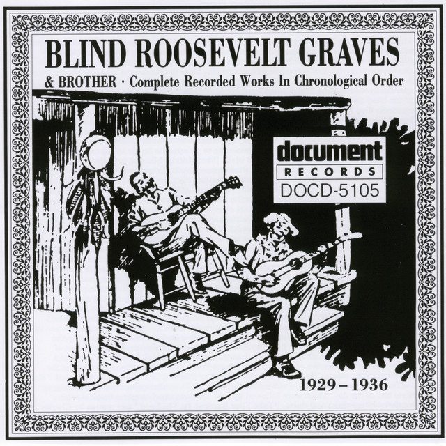 A segment of an illustration on a Blind Roosevelt Graves album cover. The black and white line drawing features two men on a wooden porch playing guitars. One man has a mustache and is leaning back in his chair on the porch, and the other man is wearing a hat and seated on the steps of the porch. There is a filigree border on both sides of the illustration.
