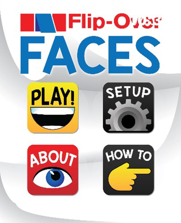 A screenshot of the Flip-Over FACES app home screen on the Apple Watch. Below the title of the app are four buttons labeled "PLAY!," "SETUP," ABOUT," and "HOW TO."