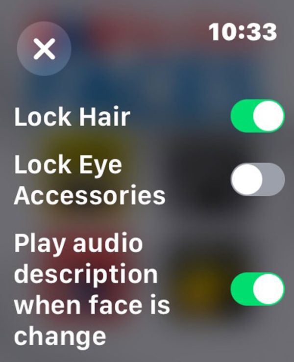 The settings screen on the Flip-Over FACES app. Options displayed include "lock hair," "lock eye accessories," and "play audio description when face is change." In the top right corner is the time, and there is an X in the top left to exit the settings screen.