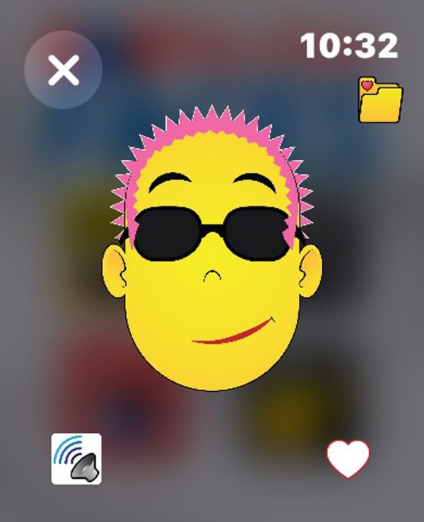 Screenshot on the Apple Watch of an animated yellow man with spikey pink hair and sunglasses. In the top left corner is an "X" to exit from that face, and on the right is the time. There is a heart in the bottom right corner, and an audio button on the left.