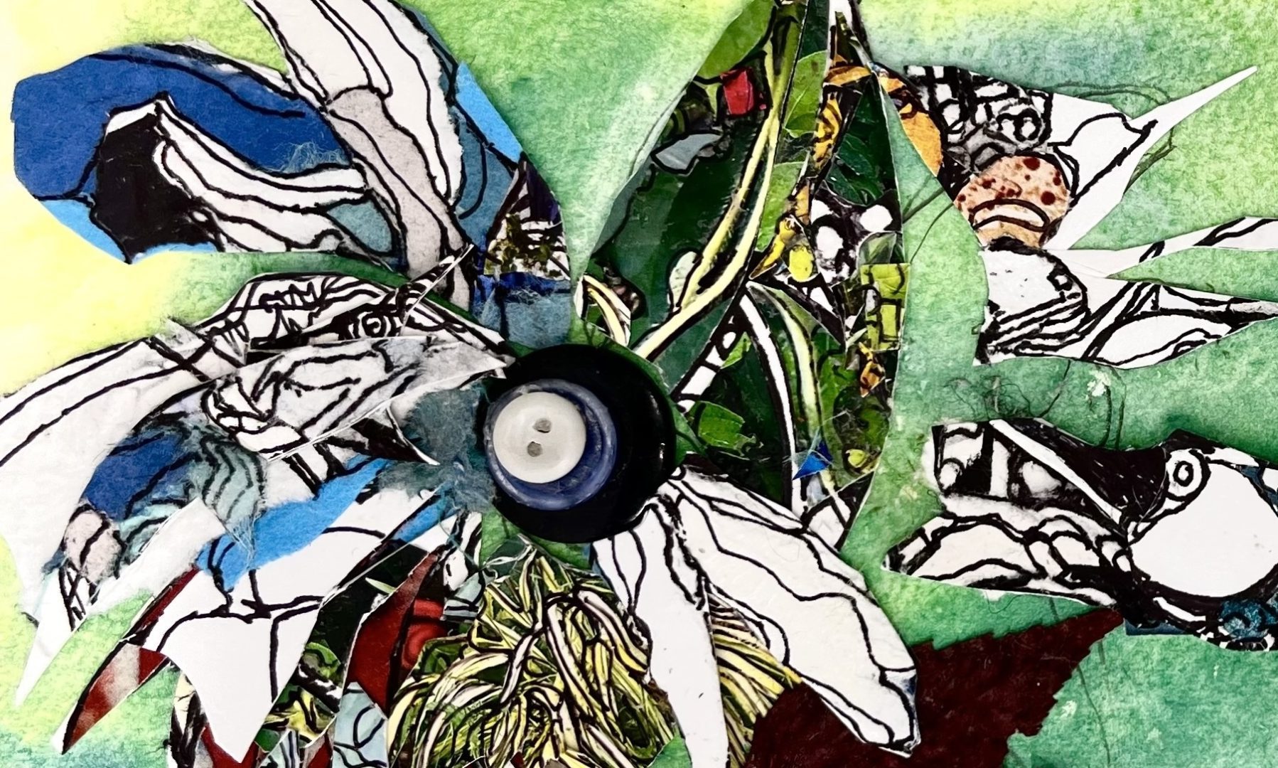 A close up view of an abstract flower constructed with strips of paper and found objects, including buttons and yarn, sprouting from the center of the flower against a backdrop of soothing yellow, blue, and green watercolor paints.