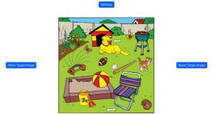Screenshot of a yellow dog, a dog house, several plants, and a variety of other outdoor items positioned around one of the background scenes, a grassy backyard with a beige fence. Above the scene is a blue Settings button. To the left is a blue button that says 