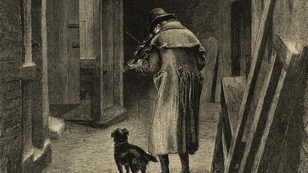 Vintage illustration of a blind busker, who is playing a violin by himself in an alleyway, with his dog by his side.