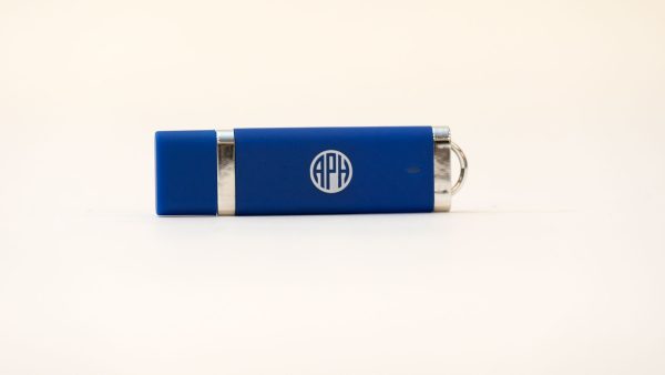 Blue USB thumb drive with a white APH logo sitting on a white background.