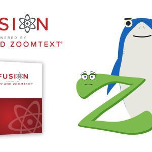 On the left is the Fusion logo with text that reads, "Powered by JAWS and ZoomText." Below is a rendering of Fusion software in its packaging. On the right are the mascots for JAWS, Sharky the blue shark, and ZoomText, Zoomy who is a green letter Z.