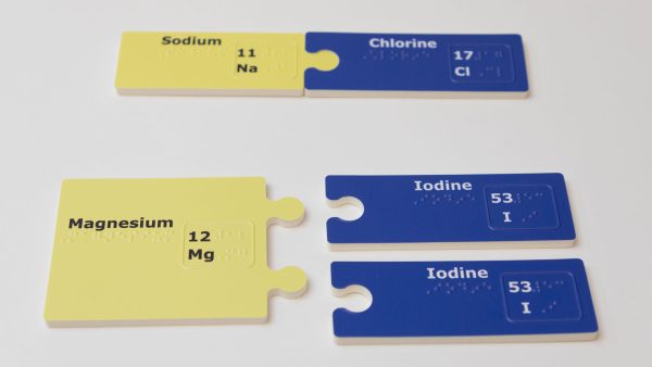 Two sets of subunits showing ionic bonds. On top is a yellow sodium piece attached to a blue chlorine piece. On the bottom, one yellow magnesium piece connects to two blue iodine pieces. Each piece has braille labels.