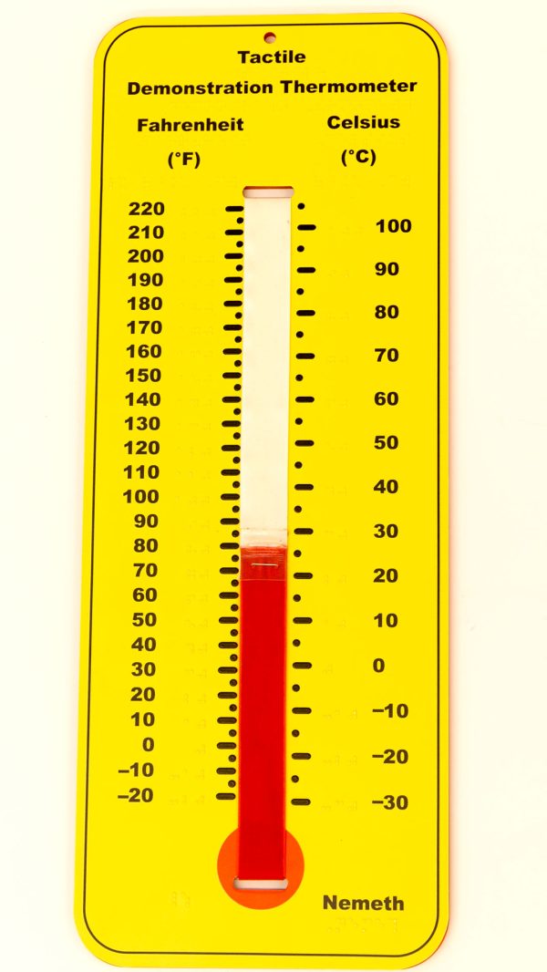 The Nemeth version of Tactile Demonstration Thermometer on a white background. The thermometer is yellow with black labels and a red velvet temperature gauge that can be moved up and down using a clear tab that indicates the temperature. Fahrenheit is on the left, and Celsius is on the right. In the bottom right corner is a label that reads, "Nemeth."