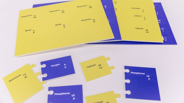 Overhead shot of the Tactile Ionic Bonding Pieces spread out on a white background. Above are four perforated blue and yellow sheets that contain the puzzle pieces, and below are six examples of the puzzle pieces punched out. Nemeth