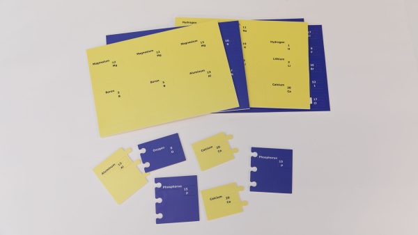 Overhead shot of Tactile Ionic Bonding Kit pieces on a white background. Above are four perforated blue and yellow sheets that contain the puzzle pieces, and below are six examples of the puzzle pieces punched out.