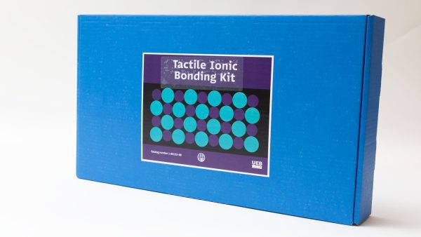 The blue storage box for Tactile Ionic Bonding Kit UEB. The sticker with the product name resembles the design on the front cover of the guidebook.