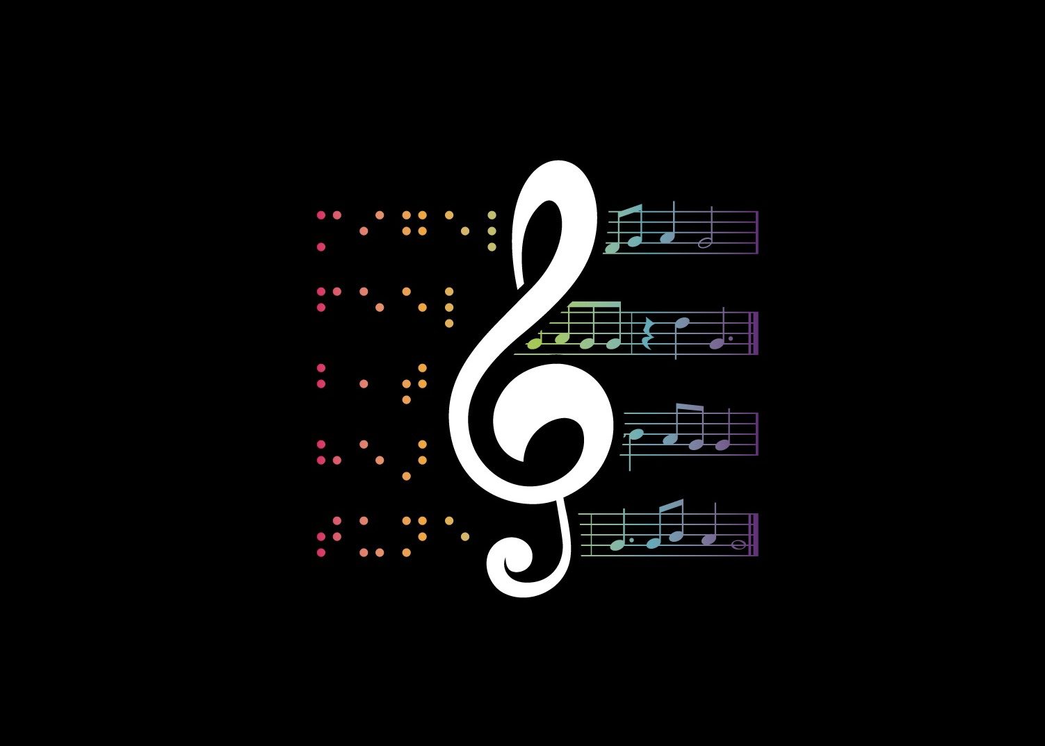 Blind Musicians Collection Logo, which has a black background and rainbow gradient braille on the left which says Migel, feel, beat, hear, tune, a white treble clef in the middle, and rainbow gradient music notes on the right.