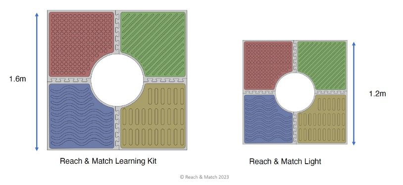 Two square Reach and Match tiles are positioned next to each other with measurements to show the size difference between the regular and light version. The light is .4 inches smaller on all sides.