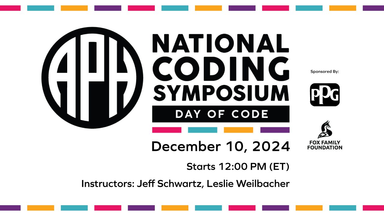 Graphic with the words "National Coding Symposium" followed by event details. On the left is the APH logo and on the right sponsor logos.