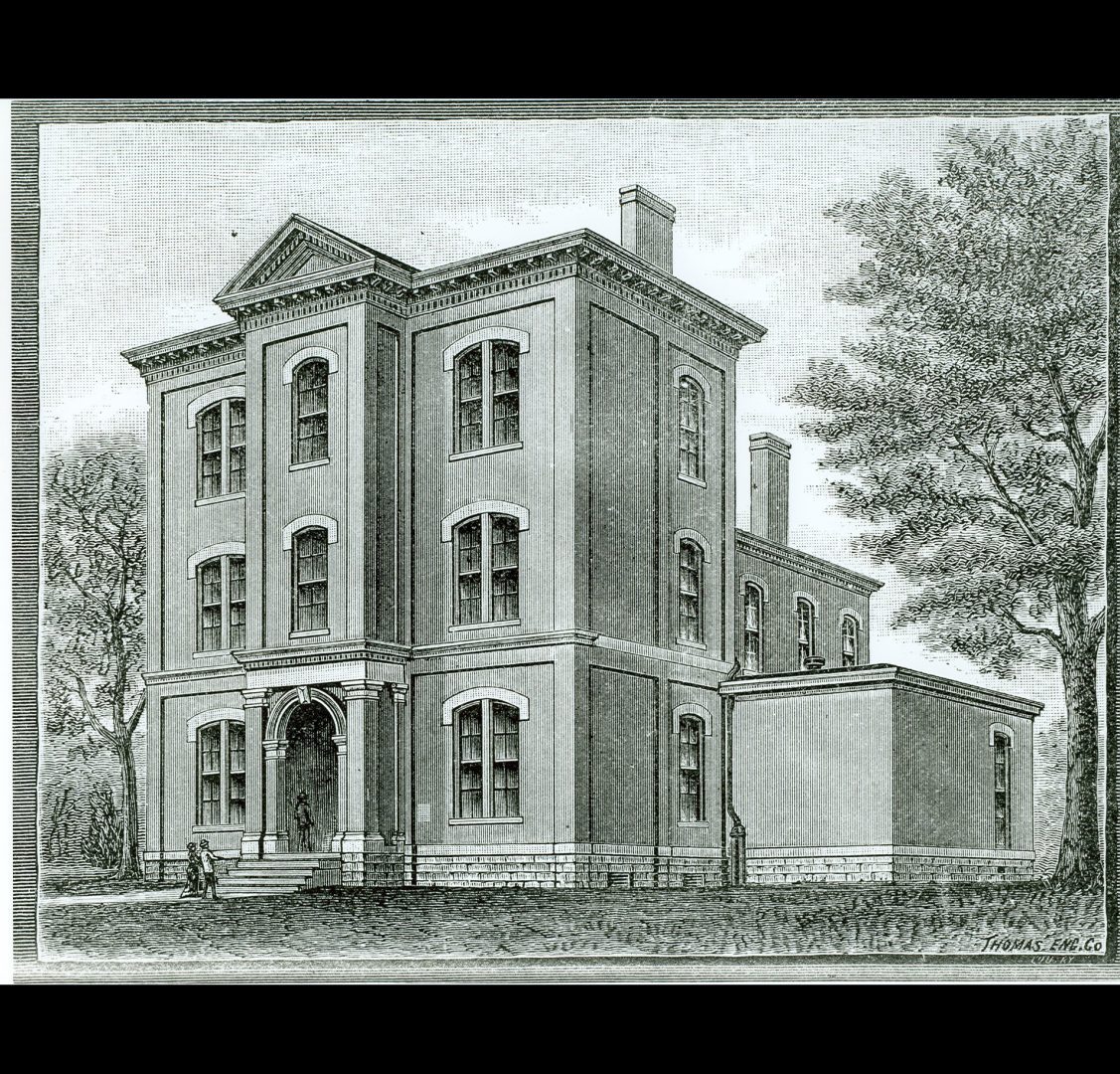 An engraved black and white image of the APH building from 1883