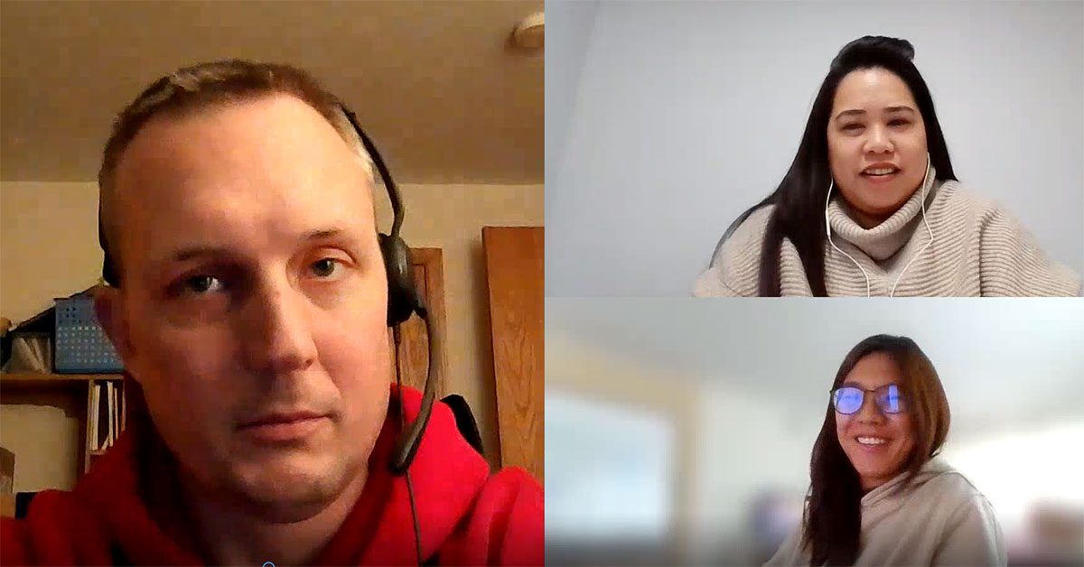 Three people appear on a zoom call, each in their own section of the screen, on the left is Greg.